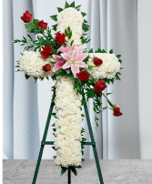 Cross of Red Roses & Pink Lily's on a white base. 3 Sizes Available