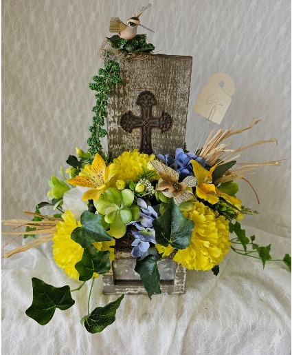 Cross on Wood w/ Birds in Silk Arrang 