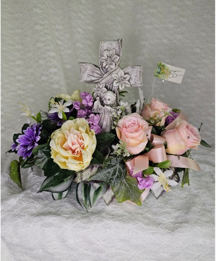 Cross Statue w/ Child and Silk Flowers 