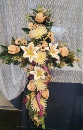 Cross w/ Silk Flowers and Purple Ribbon 