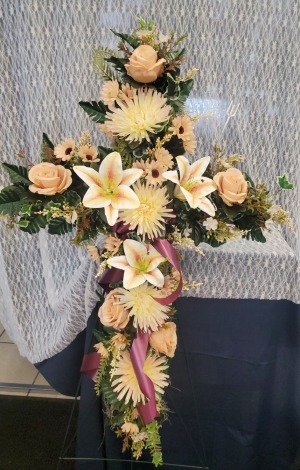 Cross w/ Silk Flowers and Purple Ribbon 