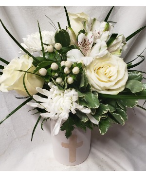 Cross white Mason jar arrangement with white seaso Flowers...Flowers will be all white but may vary depending on stock availability with seasons