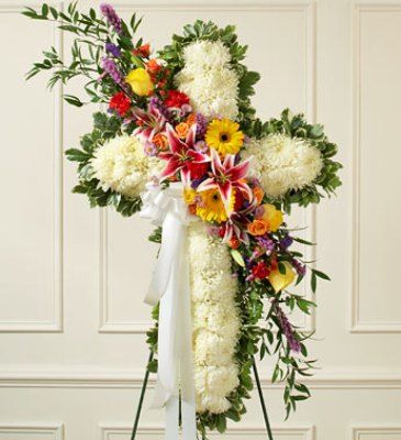 Cross with mixed bright break  Funeral  in West Islip, NY | Tom's Flowers
