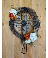 Cross Wreath w/ earth tone botanicals Permanent Botanical
