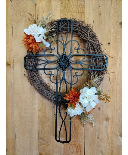 Cross Wreath w/ earth tone botanicals Permanent Botanical