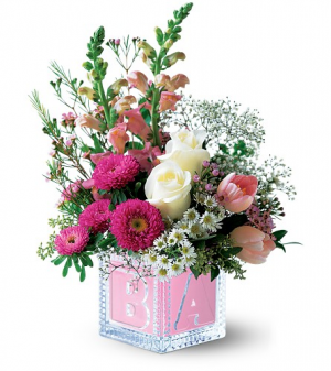 "Sold Out" Crystal Baby Block - Baby Pink One-Sided Floral Arrangement(container may vary)