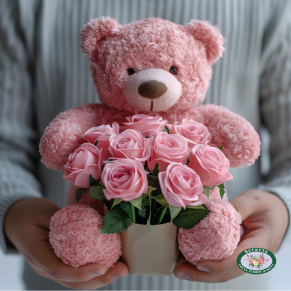 Cuddle Bear Pink/Blue Plush and Vase