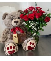 CUDDLES COMBO** STUFFED ANIMAL MAY VARY** DOZEN ROSES, STUFFED ANIMAL AND CHOCOLATES