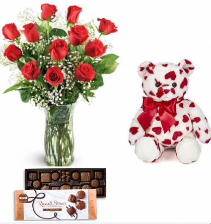 Cuddly Beauty and Sweets Dz. Red Roses, Heart Bear and Box Chocolates 