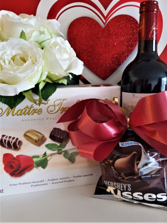 CUPID'S ARROW WINE, CHOCOLATES AND 8 WHITE ROSES