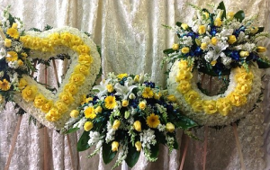  CUSTOM 3 PC YELLOW AND WHITE FUNERAL PACKAGE OPEN HEART, CASKET SPRAY, AND WREATH