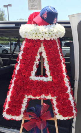 CUSTOM ANGELS FUNERAL SPRAY  STANDING FUNERAL ANGELS BASEBALL SPRAY (HAT NOT INCLUDED)