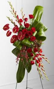 CUSTOM TROPICAL RED ANTHIRIUM STANDING SPRAY STANDING FUNERAL PC ON A 6' STAND