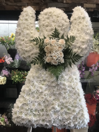 CUSTOM WHITE ANGEL STANDING FUNERAL PC ON A 6' STAND