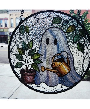 Cute Ghost Stained Glass Suncatcher, Plant Lover Decor