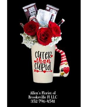 Cuter than Cupid  Fresh Cut Flowers & goodies in a Ceramic Keepsake Container