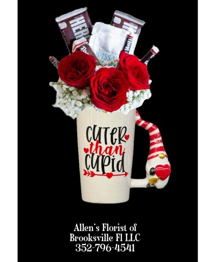 Cuter than Cupid  Fresh Cut Flowers & goodies in a Ceramic Keepsake Container