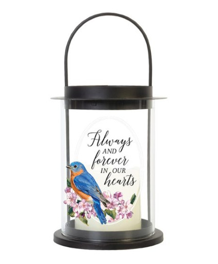 Cylinder Lantern with Blue Bird Always and forever in our hearts