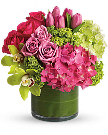 Cylinder Of Pinks, Lavenders And Greens Flower Arrangement