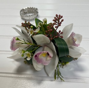 Cymbidium Orchid Corsage with Silver Bracelet only available in white