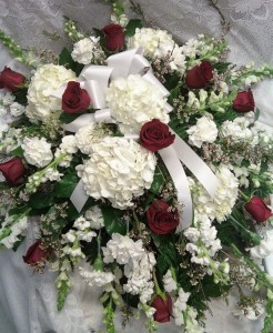 D175 red roses & white hydrangeas