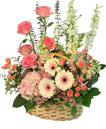 Blushing Sweetness Basket Arrangement in Chelmsford, MA | A FLORAL MOMENT BY JUJU BUDS