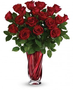 Love Dance 24 Long Stemmed Crimson Roses in  Deep  Red Crystal Swirl Vase