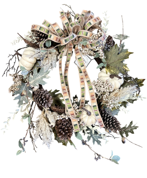 DECORATED AUTUMN WREATH WITH EARTH TONED BOW  SILK WREATH WITH BOW 
