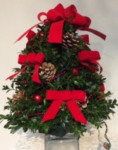 Decorated Boxwood Tree (Red Ribbon)