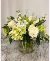 Deepest Condolences Moundy vase of white and green flowers