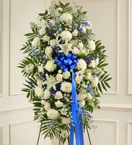 Deepest Sympathies Blue & White Standing Spray Symphaty flowers