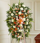 Deepest Sympathy Standing Spray In Orange, Peach and White 
