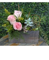 Delicate Countryside Succulent & Rose Box  Fresh cut flowers in a lined wooden box