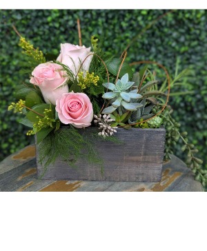 Delicate Countryside Succulent & Rose Box  Fresh cut flowers in a lined wooden box