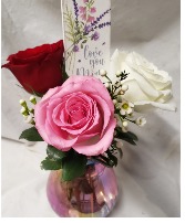 DELIGHTFULLY MOM...3 mixed roses in a iridescent  Vase with seasonal filler (color of vase and roses may vary PRICE INCLUDES MOTHERS DAY PICK!)