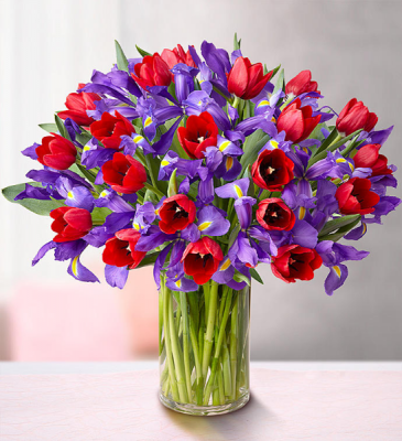 Deluxe Bunches of Love Tulip & Iris Arrangement in Croton On Hudson, NY | Cooke's Little Shoppe Of Flowers