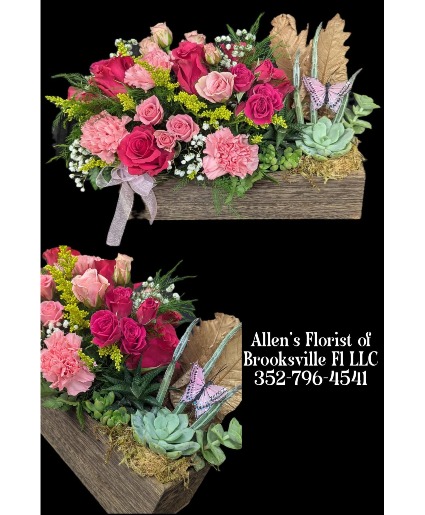 DELUXE DELICATE COUNTRYSIDE SUCCULENT & ROSE BOX Fresh cut flowers in a lined wooden box