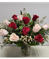 Deluxe Dozen Red & Pink Roses in a vase 