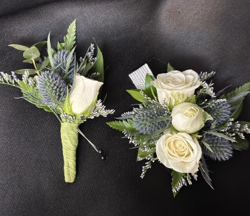 Deluxe Thistle & White Set Prom Flowers; choose your flower color  in Lewiston, ME | BLAIS FLOWERS & GARDEN CENTER