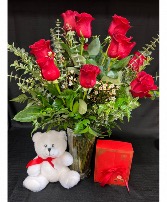 Deluxe Valentine Bundle Roses, Bear and Chocolates in Oakland, Tennessee | TWIGS-N-THINGS