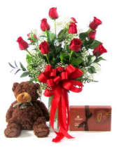 Deluxe Valentine's Day Special 12 Red Roses, Stuffed Bear & Box of Candy