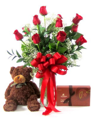 Deluxe Valentine's Day Special 12 Red Roses, Stuffed Bear & Box of Candy in Selma, NC | Selma Florist