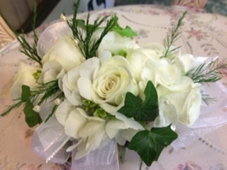 Deluxe White Rose Corsage Wrist Corsage in Fairfield, CT | Blossoms at Dailey's Flower Shop