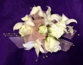 dendrobium orchids and spray roses with pearls wrist corsage