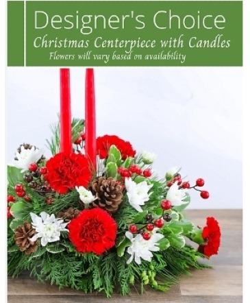 Designers Choice Christmas Evergreen Centerpiece with Candles in Plum, PA | FOREVER GREENE FLOWERS INC.