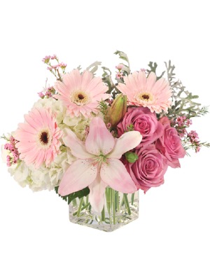 Designer's Choice in Pleasing Pastel Color Palette Medium Size Arrangement in a Vase