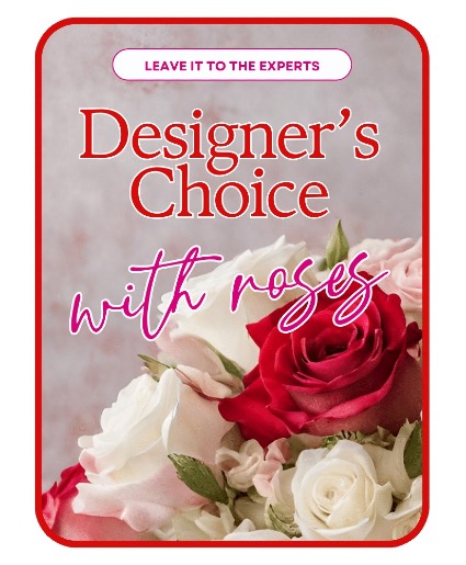 Designer's Choice with Roses in Glass Vase Flower Arrangement