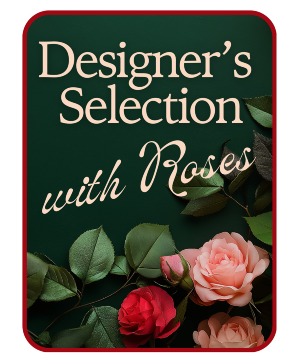 Designer's Choice with Roses in Glass Vase Flower Arrangement