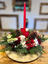Dining table Christmas flower arrangement  Rectangular foam on tray