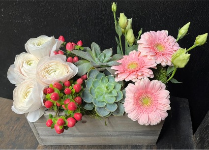 Floral and Succulent Garden Wooden Box Arrangement